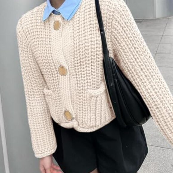 Cropped Cardigan Sweater Chunky Knit Open Front Button Down Y2K Chic - Picture 6 of 8